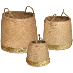 Set de 3 paniers ronds à anses, roseau tressé, sequins dorés